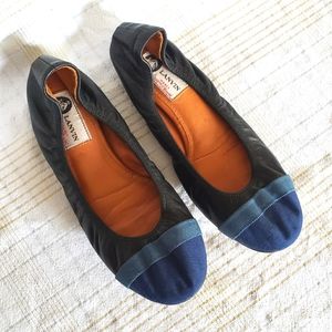 Lanvin black leather blue cap toe ballet flats 38